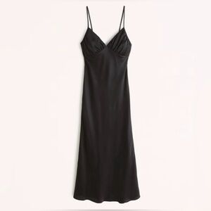 Abercrombie Black Ruched Satin Slip Midi Dress